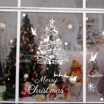 Празнични стикери за стена Празнични Коледни стикери за прозорците Хубава Елха, Снежен човек Лосове Снежинка PVC Стикери за Стъклени врати и Стени Весел