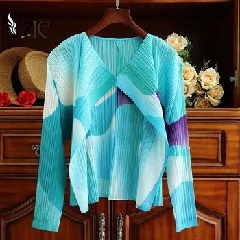 Облекло Y2K, плисе дамски якета с принтом абстрактно облачна цвят, Елегантна жилетка с дълъг ръкав и V-образно деколте, риза, къс ветровка, върхове