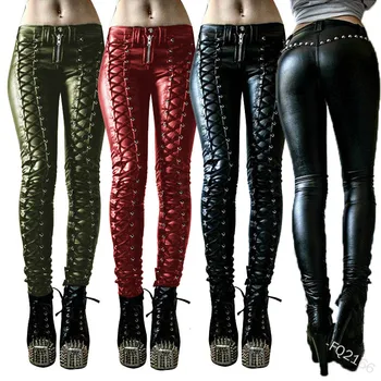 Дамски панталон от изкуствена кожа в стил steampunk, Фантазия вечерни тесни панталони с копчета, стръмни и Дълги панталони, Градинска облекло, Черен/Червен S-5XL