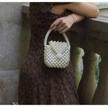 Модерна френска художествена ретро-шик чанта с мъниста и перли, малка чанта за носене, Дамски чанти с мъниста и перли, преносими портмоне за малките неща