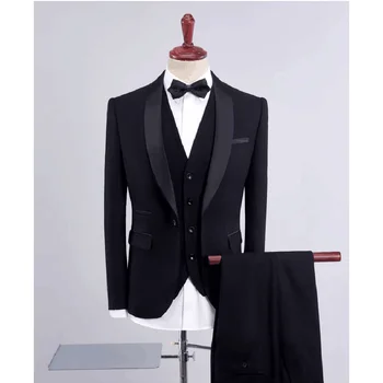 Нови Маркови Мъжки костюми, Модерен Черен Мъжки костюм с ревера и шал, Сватбен Смокинг на Младоженеца, монтиране на Мъжкия костюм, 3 предмета (яке + панталон + елек)