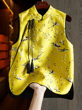 2023 Жилетка в китайски стил, женски лятна жилетка с яка-ботуш и бутони, без бродирана жилетка без ръкави в ориенталски стил, на върха на копчета