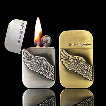 Креативен перлено бял цинк шлайфане кръг с крила на Ангел, Керосин метална запалка