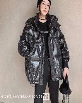 Пуховик 2023, зимно ново гланцирано модно палто с качулка, къс матиран чужд пуховик без измиване