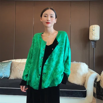 Коприна + кадифе в китайски стил, двупосочен носене топ, дамски модни Свободна зелена жаккардовая яке, новост началото на есента, размери S-XL