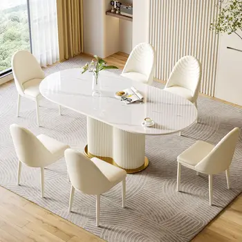 Модерен минималистичен маса за хранене и стол за каменна дъска, лесен луксозен овална маса за хранене, маса кремовом стил за битови