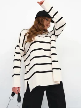 Дамски Поло в Черно-Бяла Ивица, Пуловери с дълъг ръкав, Трико, Дамски Пуловер, Корейски Модни Дамски Пуловери 2023