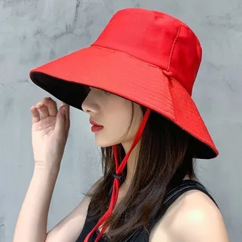 Лятна солнцезащитная шапка корейската версия на универсален двустранен однотонная панама, което намалява възраст, обхващащи лице с голяма периферия, дамска шапка за басейна