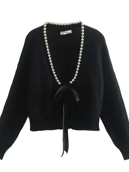 Есенно-зимни нова дамски дрехи, модерно ежедневното палто в европейския и американския стил с перли, вязаное горно палто