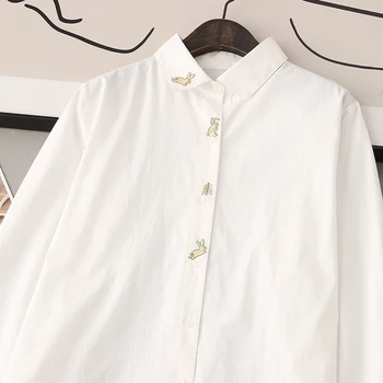 Пролет Есен Бяла риза с бродерия Мультяшного Заек С Дълъг ръкав, Дамски Свободна в памучна Блуза с отложным яка, Върхове U010