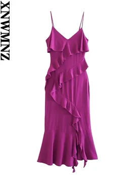 XNWMNZ дамска мода 2023, рокля комбинация с волани, женствена рокля за плаж, отдих, V-образно деколте, тънки регулируеми бретельки, хем с цепка, женски midi рокли
