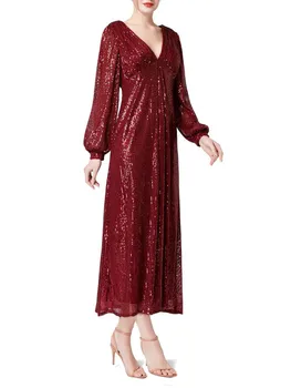 Женствена рокля за зрели Жени, Женски лятно нова рокля, Вино-червена Рокля с V-образно деколте, тънка пола, вечерна рокля