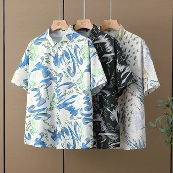 Мъжка риза в стил хип-хоп Харадзюку, Лятна градинска дрехи с графити, Свободни плажни ризи с къс ръкав, Дамски ежедневни блузи копчета 5XL