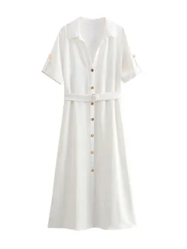 ТРАФИКА на 2023 лятото ново дамско модно ретро темпераментное ежедневна рокля с V-образно деколте и къси ръкави средна дължина, однотонное