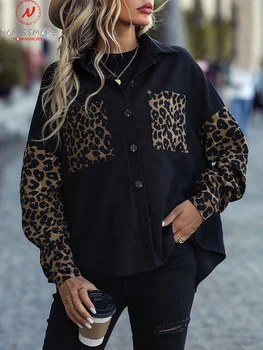 Дамски якета с леопардовым принтом, Однобортный дизайн, Интериор джобове, Отложной яка, Дълъг ръкав, Есен Ежедневното Свободно палто-жилетка