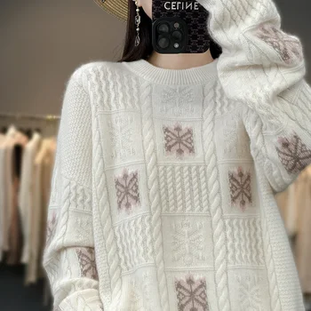 Есенно-зимни дамски новост, 100% вълна вязаный монофонични жаккардовый пуловер с кръгло деколте, пуловер, Свободна и лека блуза