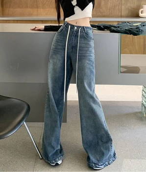 Лято 2023, Нова мода, дамски дънки с завязками на талията, Корейски стил, Дълги Свободни дънкови панталони, Реколта панталони за млади момичета
