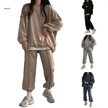 Дамски спортни костюми X7YA, комплект от 2 теми, Спортни Панталони, Пуловер с дълъг ръкав, Дълги Панталони
