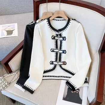 Двубортный вязаный жилетка контрастен дизайн, новост есента 2023, дамски блузи за пътуване до работа, монофонични случайни пуловер, палто