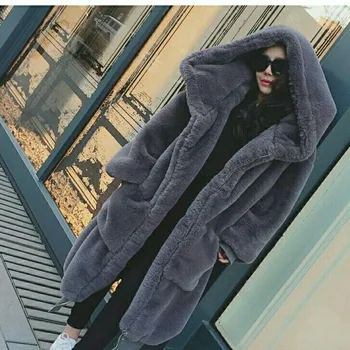 Есенен стил Gigi, имитация на кожа заек видри в същия стил, удебелена палто със средна дължина, с качулка, палто за жени