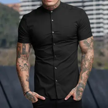 Модерни мъжки блузи, приталенная мъжка риза, обикновена летни блузи с къс ръкав и копчета