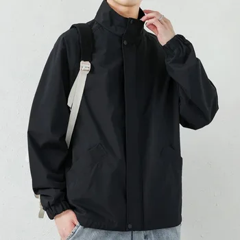 Мъжки есен черно яке с яка издържа и дълги ръкави, Ежедневни, Свободна, непромокаемая, спортно яке на открито, ультратонкое однотонное палто
