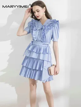 MARYYIMEI, Ново пролетно-лятно елегантна женствена рокля с къси ръкави, многослойни мини-рокля с V-образно деколте и накъдрен, вечерни мини рокли