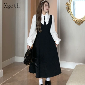 Gmiixder, секси елегантна рокля, Дамски колекция от 2023 година, Пролет и есен, Нов фалшив дреха от две части с дълъг ръкав, риза в академик стил, Полата