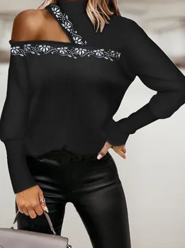 Топ Дамска блуза, Асиметрична модни тениски Пуловер 2023 Есен Зима Пролет Случайни Диамантена Секси Топ с открити рамене Slim Fit