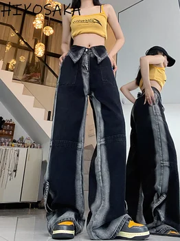 Ежедневни панталони с маншети и висока талия Винтажного Контрастен Цвят, Прави Широки панталони Harajuku, Градинска дрехи, Трендови Дънки Y2k в стил Пънк, женски