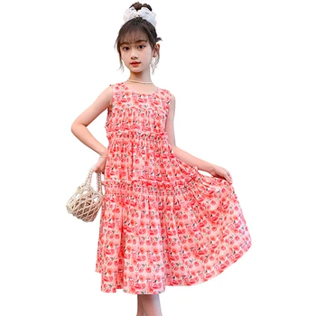 Рокля За момичета, Розова рокля с цветен модел за момичета, Детски празнична рокля без ръкави, стилни Ежедневни облекла за момичета, 6, 8, 10, 12, 14