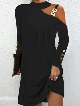 Ново есенно-зимния Елегантна стилна черна рокля за жените, ежедневно, однотонное, с открити рамене, секси рокля-пуловер копчета