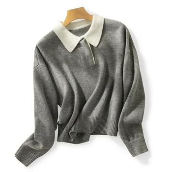 Съкратен пуловер, Поло с контрастни яка от чиста вълна, Женски Есенно-зимна жилетка