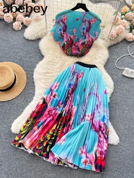 Лято 2023, Цветен Бохемски принт 
 Плажен комплект от 2 теми, Дамски блузи с къс ръкав и Плиссированная дълга пола с висока талия, костюм