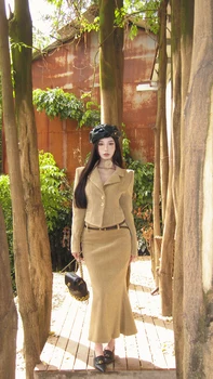 Офис женски костюм, Бельо есен винтажное палто на райета с дълги ръкави, дълга пола, комплект от две части, модни дамски дрехи