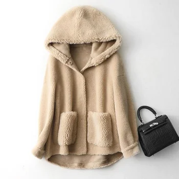 Зимно дамско палто с високо качество, Луксозно яке от овча вълна, Свободно палто с качулка, Дебели топли дамски палта за стригане на овце Y885