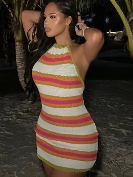 BOOFEENAA Многоцветное Вязаное мини-рокличка на спагети презрамки, Сладък Секси Летни плажни рокли за жени, екипировки за почивка 2023 C15-BF14