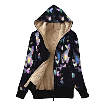 2023 Новата есенно-зимна Свободна плюшен яке за жени, многоцветни композитни палто с качулка с принтом