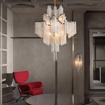 Съвременната алуминиева полилей с пискюли, хромирана верига, окачена лампа за украса на ресторанта Villa ParlorHotel, Луксозни led осветителни тела
