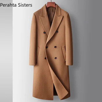 Брендовое висококачествено мъжко палто, вълнена, Зимна Класически двубортный дълъг вълнен тренч в бизнес стил, Луксозно мъжко облекло