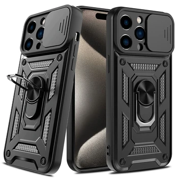 Калъф за iPhone 15 14 13 12 11 Pro Max Plus X XR SE с магнитна защита от камери, поставка за крака, устойчив на удари Бронирана чанта за носене