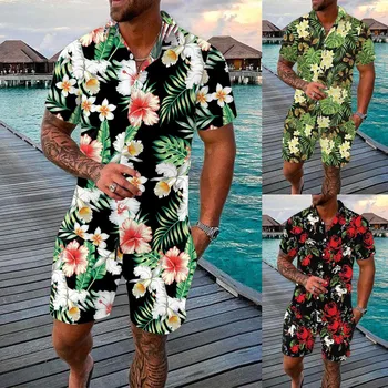 Мъже, Пролетно-летни дрехи за отдих и спорт, Хавайски Плажен стил, Риза с къси ръкави и принтом райе, Панталони, костюми-двойка, coattails
