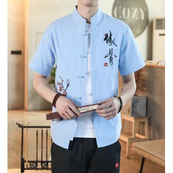2023 Мъжки Ежедневни памучни бельо риза с имитация на врата в китайски стил, елегантен топ с къс ръкав, Лято-Есен, Красива модерна мъжка риза