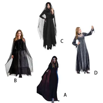 Жена възрастен рокля вещици за булка на Хелоуин, черна рокля вещици, cosplay Дявола за вампир, наметало с качулка, ръкавици, комплект дрехи, роля за игра на тъмно