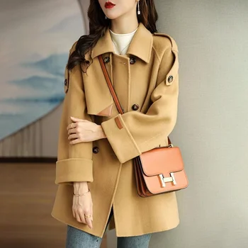 Ново Свободно Ежедневното вълна палто с високо качество, женствена вълна палто в стил Хепбърн с дълъг ръкав, отгоре в британски стил