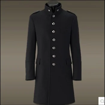 Зимна немска военна форма, мъжка вълнена куртка със средна дължина, в ретро стил с висока яка