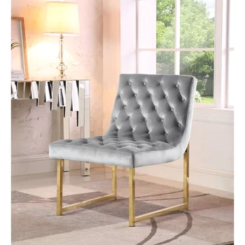 Луксозен Домашен стол Saulic Accent С гладка, елегантна кадифена тапицерия, плюшен възглавница, метална рамка, с месингова облицовка, полиран сив