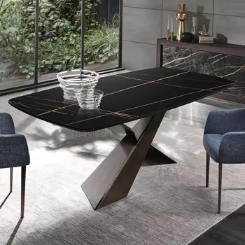 Кухненски мебели Правоъгълна бронзов крак на Модерен минималистичен маса за хранене, Кетъринг дизайнер от черен мрамор Луксозна маса за хранене