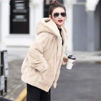 Яке с качулка Дамски 2023 Зима-есен, Плюшено Топла Изкуствена Кожа, Нови якета, Свободна Горна дреха с дълги ръкави, модно дамско палто