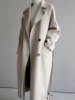 Вълна палто Дамско Зимно Дълго Бежевое Вълна Палто и яке с дебела подплата до коляното Дамско Зимно Дамско палто, Топло 2023